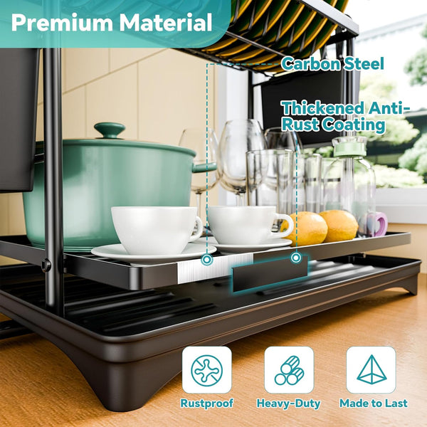 2-Tier Stainless Steel Dish Rack with Utensil Holder and Drainboard
