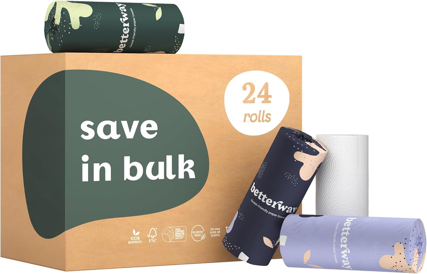 Betterway Bamboo Natural Brown Paper Towels - 8 Rolls, 2 Ply, 110 sheets - Plastic Free, PFAS Free, Disposable Kitchen Paper Towels - Select Size, Tree Free, Compostable, Strong & Absorbent