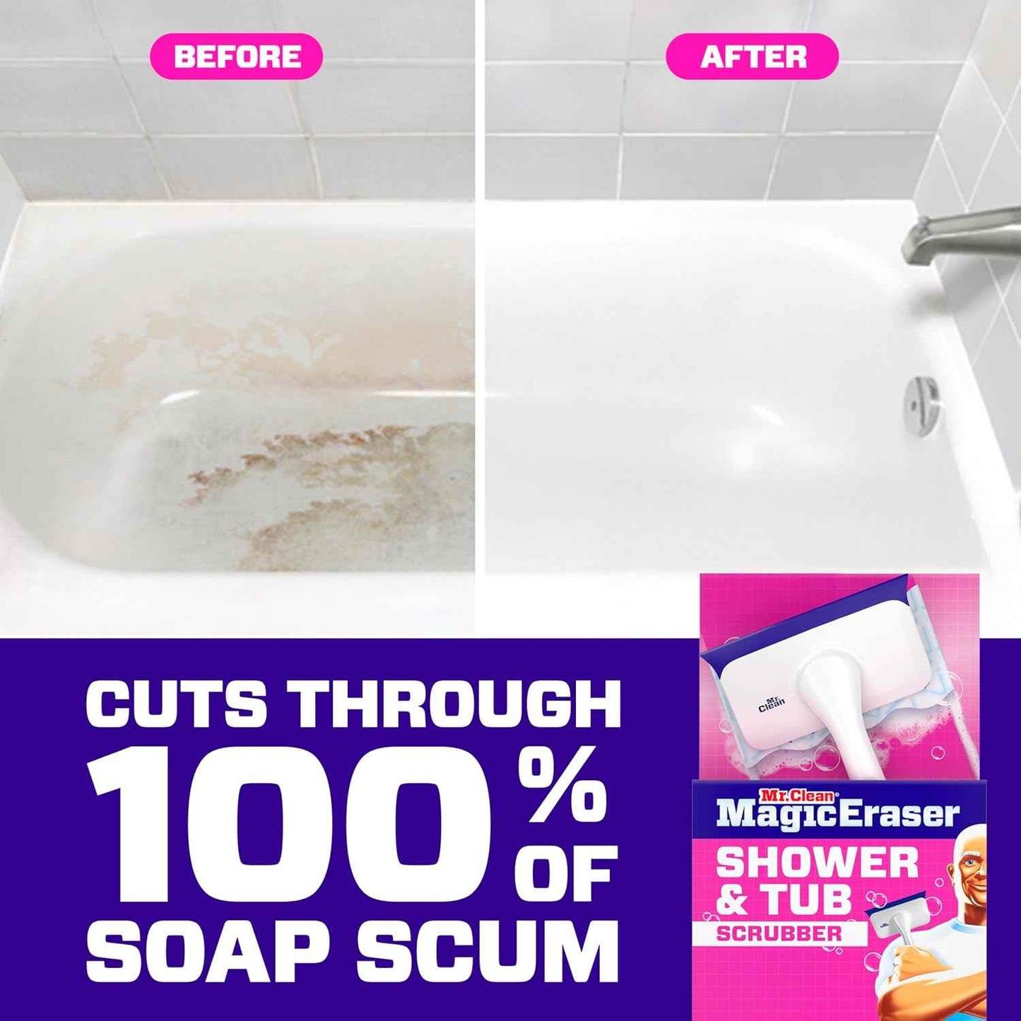 Mr. Clean Magic Eraser Shower & Tub Scrubber, Bathroom Cleaner, All in One Bathroom Cleaner, Lemon Starter Kit, 1 Scrubber & 2 Foaming Magic Erasers