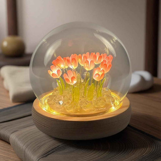 Tulip Lamp Glass Globe - Illuminated Flower Lamp with Glowing Blooms on Wooden Base - Battery-Powered Decorative Night Light for Bedroom, Living Room & Home Decor | Tulip and Rose Infinity Mirror, Gift for Women or Girl, Fully Assembled, in a Glass, Cuten