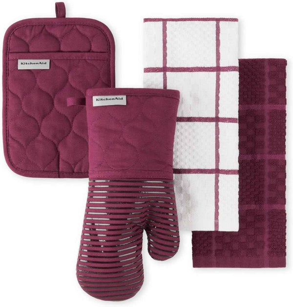 KITCHENAID Quilted Cotton Terry Cloth Oven Mitt, Pot Holder, Kitchen Towel 4-Pack Set, Heat Resistant, Silicone Grip, 16"x26", 7"x13" & 7"x10", Milkshake