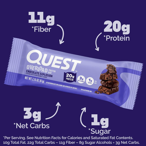 Quest Nutrition Overload Protein Bars, Chocolate Explosion, 12 Count, 20g Protein, 1g Sugar, 3g Net Carbs, Gluten Free