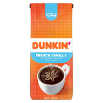 Dunkin' Donuts French Vanilla medium roast coffee, 12 Oz bag, ground, artificially flavored, versatile brewing, at home