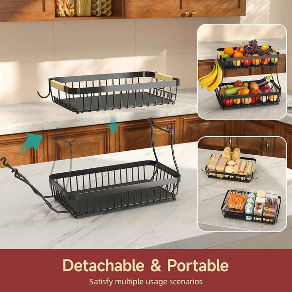 2-Tier Fruit Basket for Kitchen Counter with Metal Fruit Bowl and Wooden Handle