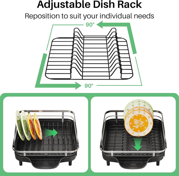 Expandable Dish Rack for Kitchen Counter with Utensil Holder and Raised Guardrail