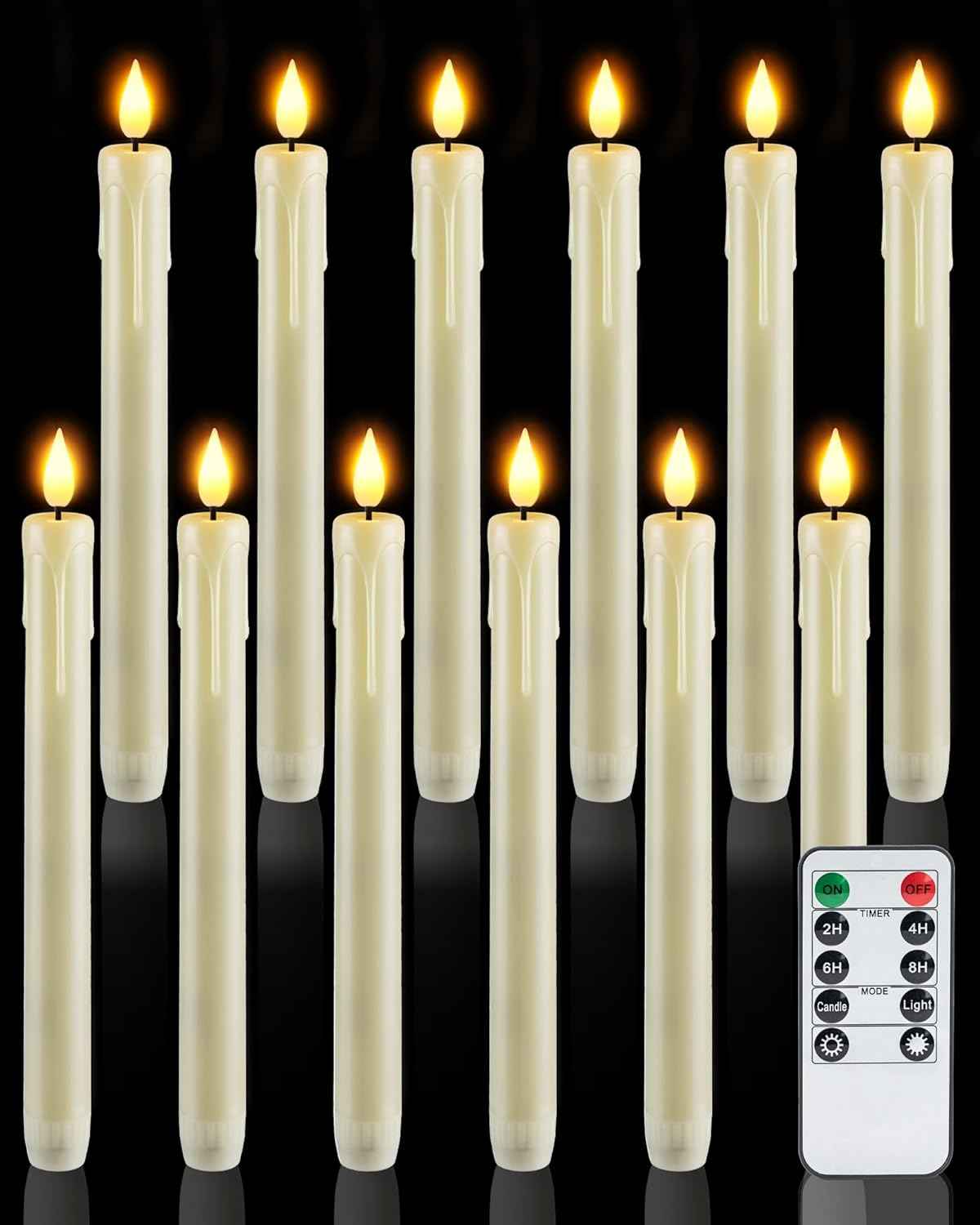 Homemory 6 Pcs Flameless Taper Candles with Remote, Timer, Dimmer, Ivory Battery Operated CandleSticks with Flickering Light, Plastic Led Window Candles, 9.6 Inches for Halloween Christmas Decoration