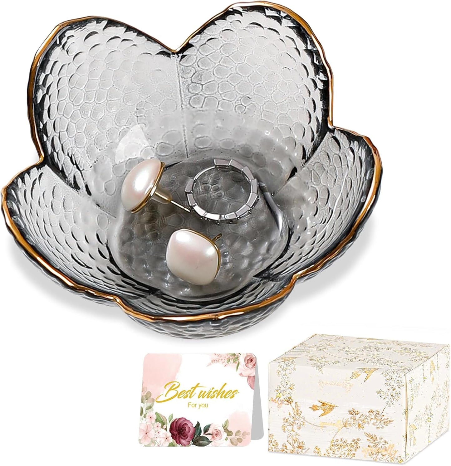 Purple Flower Jewelry Dish Glass Ring Holder Dish Jewelry Tray Cute Vanity Organizer Aesthetic Nightstand Bathroom Room Decor Trinket Dish Valentine's Friendship Christmas Birthday Gifts for Women