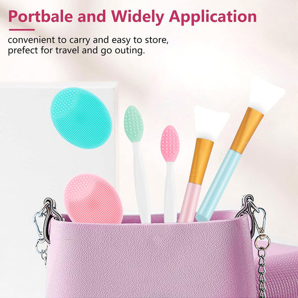 Silicone face scrubber set with 6 exfoliating brushes and lip mask tools, gentle on all skin types, blackhead removal