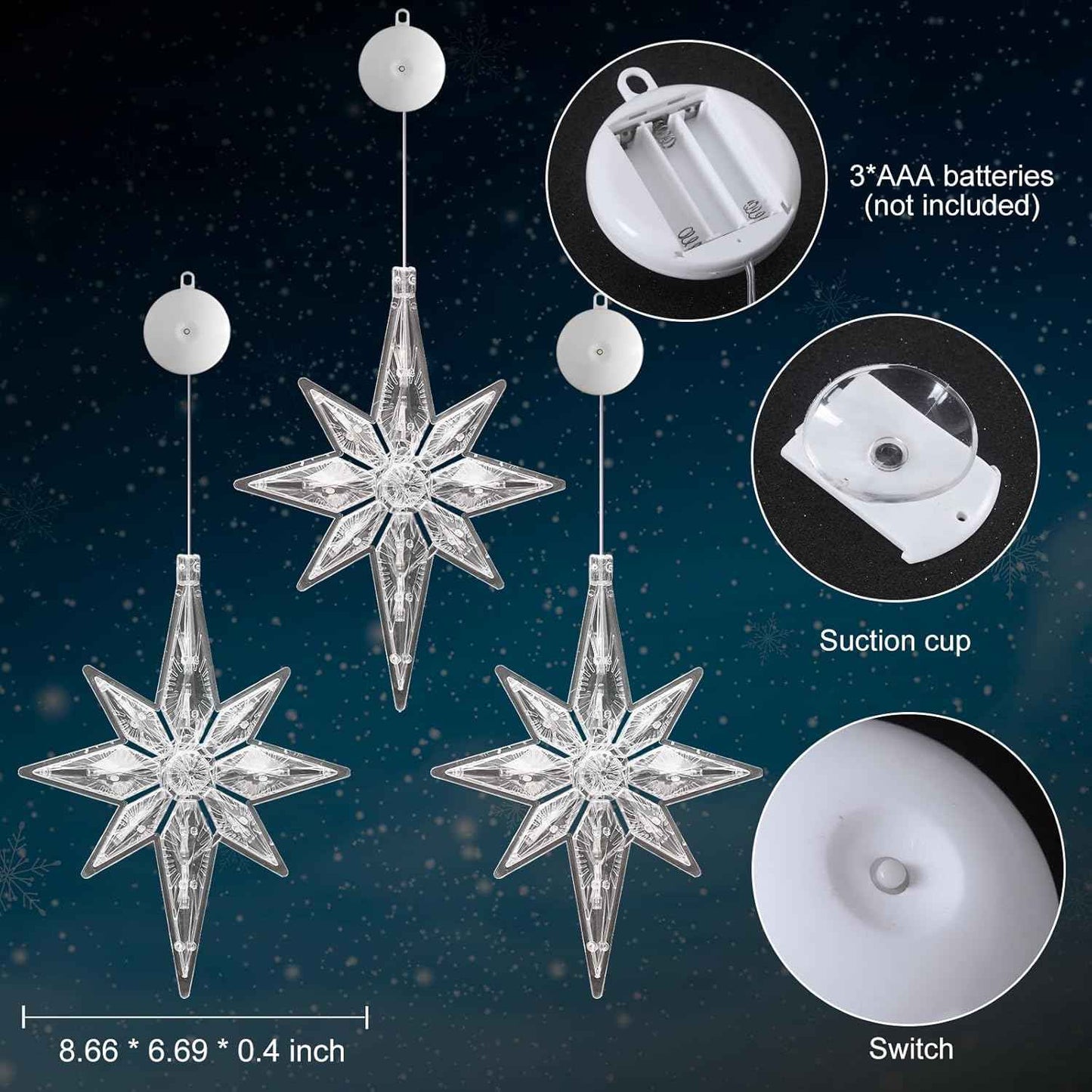 3Pcs Christmas Window Lights Decorations with Timer,Battery Powered Christmas Window Hanging White Lighted Lucky Star Shaped LED Sucker Lamp for Xmas Tree Fireplace Window Indoor Outdoor Decor