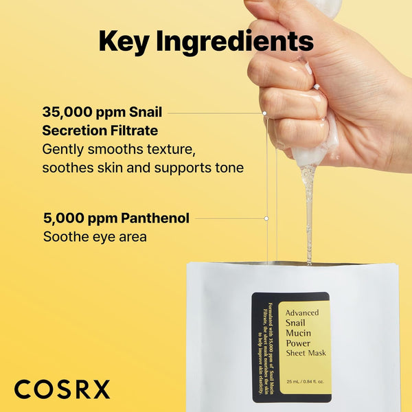 cosrx snail mucin sheet mask 10ea, 35000ppm snail mucin, self care, dry sensitive skin, cruelty free