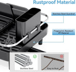 Expandable stainless steel dish rack for kitchen counter with adjustable water spout