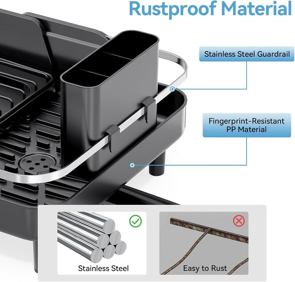 Expandable stainless steel dish rack for kitchen counter with adjustable water spout