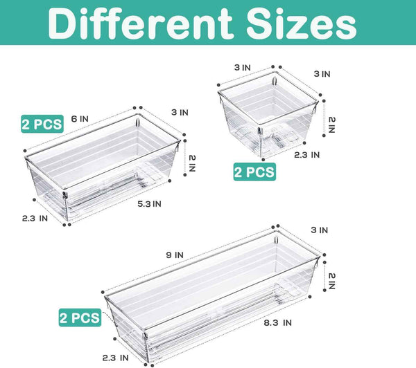 DCA 6 Pack Clear Acrylic Drawer Organizer Trays for Makeup Cosmetics Utensils Office Storage Bins