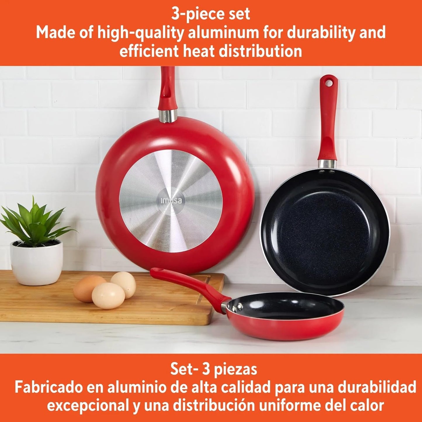 LYMSTE 3-Piece Red Ceramic Non-Stick Frying Pan Set, Aluminum Pots and Pans Set with Cool Touch Handles