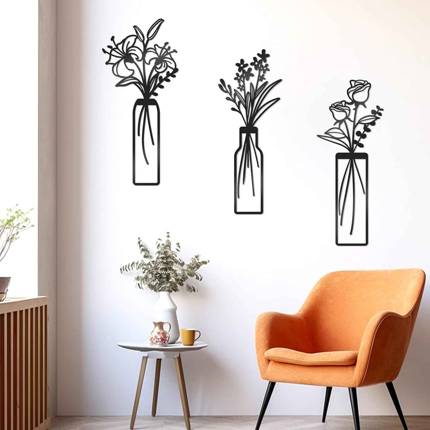 3 Pcs Large Black Metal Flowers and Vases Wall Decor Farmhouse Metal Flowers Wall Art Minimalist Art Flower Arrangement for Living Room Bedroom or Kitchen (Black, Floral C)