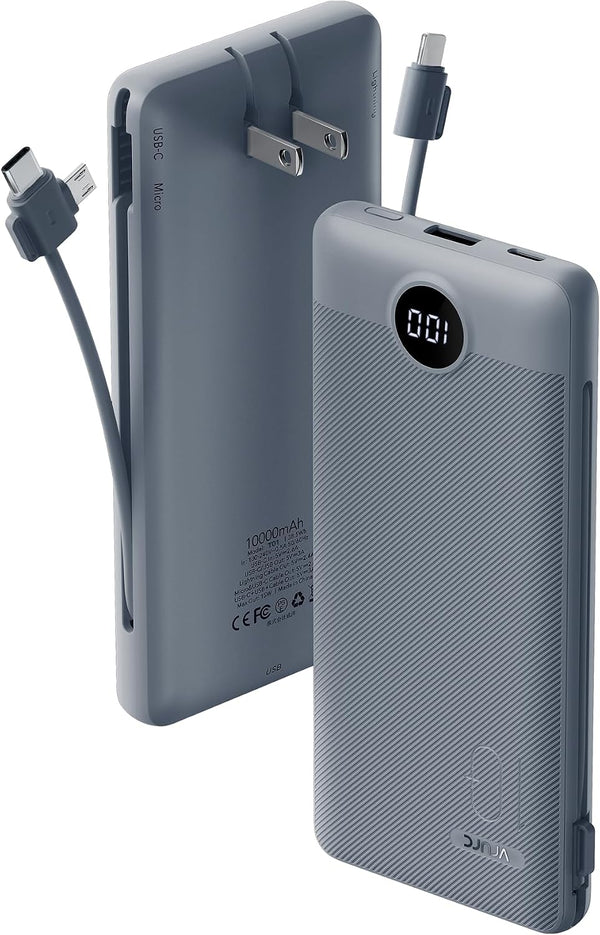 VRURC Portable Charger Built-in Cables and AC Wall Plug, USB C Power Bank 10000mAh, Travel Battery Portable Phone Charger Compact Lightweight External Battery Pack for Smart Phones, Tablets etc-Navy