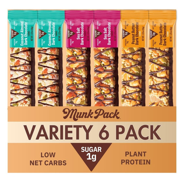 Munk Pack Fiber Nut Bars, Sea Salt Dark Chocolate, Gluten Free, 5g Fiber, 3g Net Carb, 24 Count