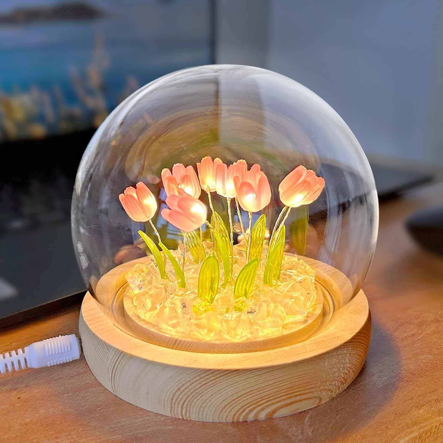 Birthday Gift for Women, Flower Night Light USB Tulip Table Lamp with Wooden Base and Glass Cover for Home Decor Ideal Anniversary Christmas Gift for Mother Wife Sister Daughter Girlfriend and Kids