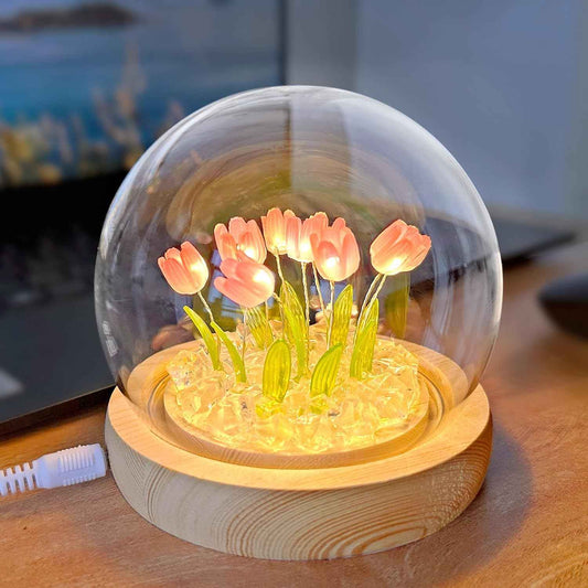 Birthday Gift for Women, Flower Night Light USB Tulip Table Lamp with Wooden Base and Glass Cover for Home Decor Ideal Anniversary Christmas Gift for Mother Wife Sister Daughter Girlfriend and Kids