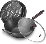 Wok, 13 Inch carbon steel woks & stir-fry pans nonstick, Pre-Seasoned 5.8QT Flat Bottom Chinese Wok Paella Pan with lid, Carbon Steel Cookware, Compatible with All Cooktops