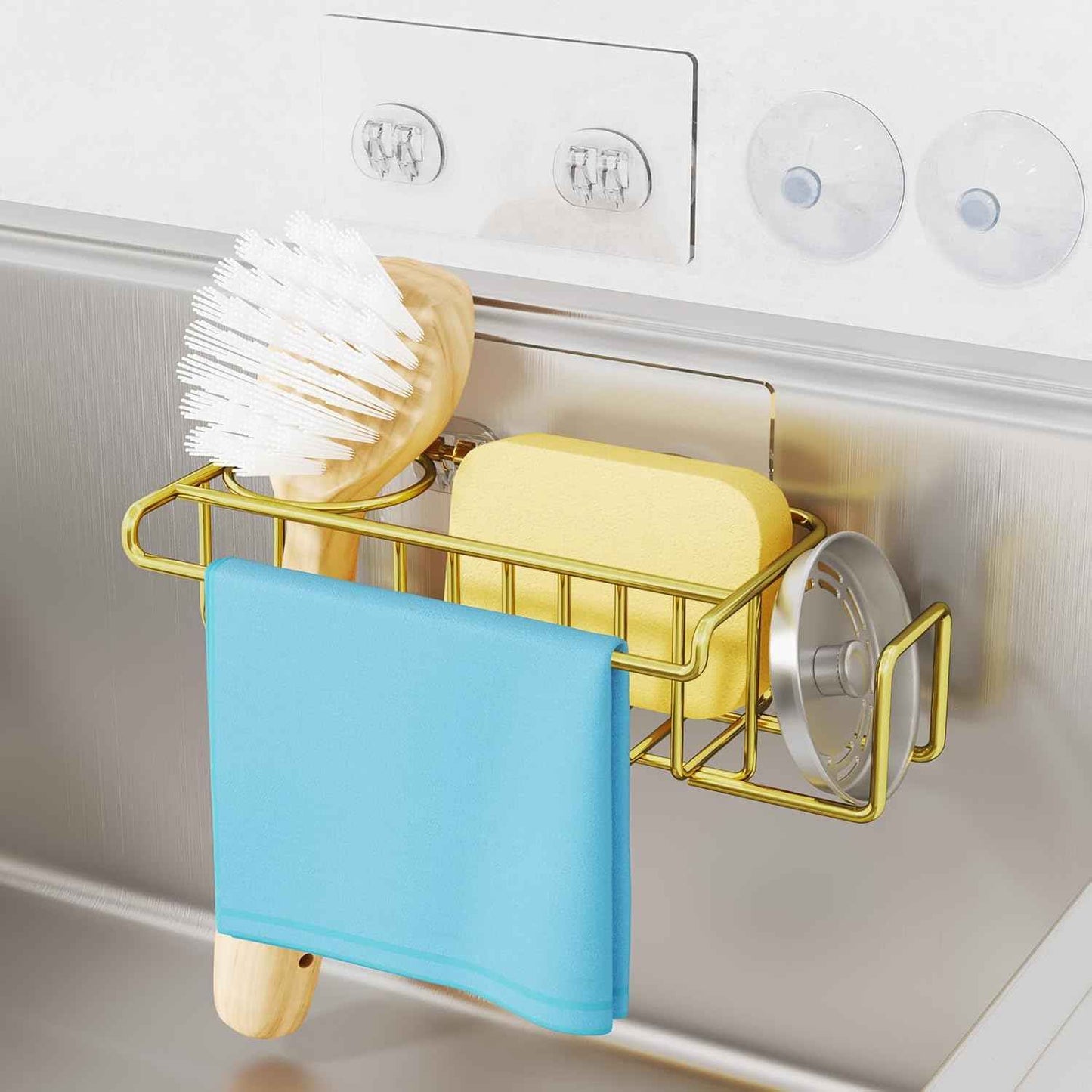 HapiRm 4 in 1 Sink Caddy Sponge Holder, SUS304 Stainless Steel Kitchen Brush Holder + Dish Cloth Hanger + Soap Rack + Sink Stopper Rack + Sponge Caddy for Kitchen - Silver