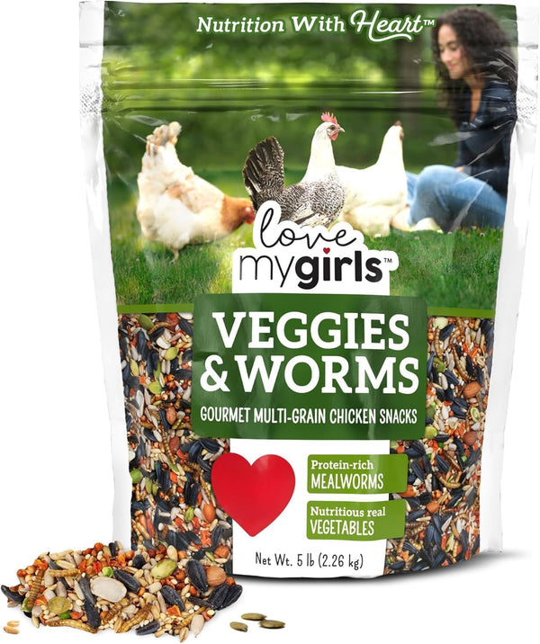 Love My Girls: Chicken Snacks - Fruit & Worms - 5lb Bag - Global Harvest, Gourmet Multi-Grain Treats, Corn-Free, Nutritious & Protein Rich Mealworms