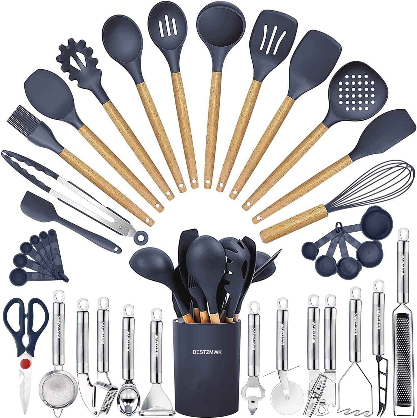 Kitchen Utensils Set- 35 PCs Cooking Utensils with Grater,Tongs, Spoon Spatula &Turner Made of Heat Resistant Food Grade Silicone and Wooden Handles Kitchen Gadgets Tools Set for Nonstick Cookware