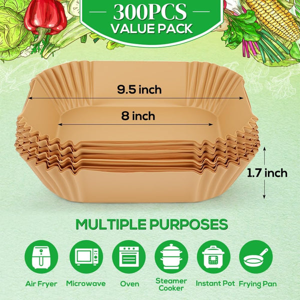 BYKITCHEN 300PCS Disposable Air Fryer Paper Liners for Ninja AF141 5 QT Pro AF181 6.5QT, Cosori Chefman 6 QT &Other 5 to 8Qt Airfryer, 8in Square Air Fryer Parchment Paper, Airfryer Basket Accessories