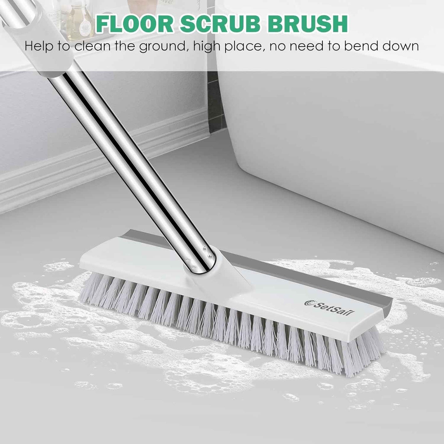 SetSail Floor Scrub Brush with 51-Inch Long Adjustable Handle 2 in 1 Scrape Brush Stiff Bristle Floor Scrubber for Cleaning Shower Bathroom Garage Kitchen Wall Deck Tub Tile