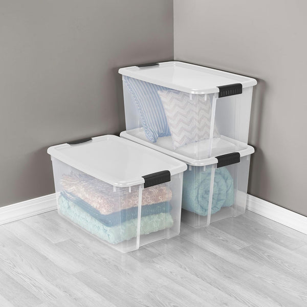Sterilite 4 Pack Ultra Latching Box Storage Bins with Lids Clear Plastic 70 Quart Heavy Duty Organizing Containers