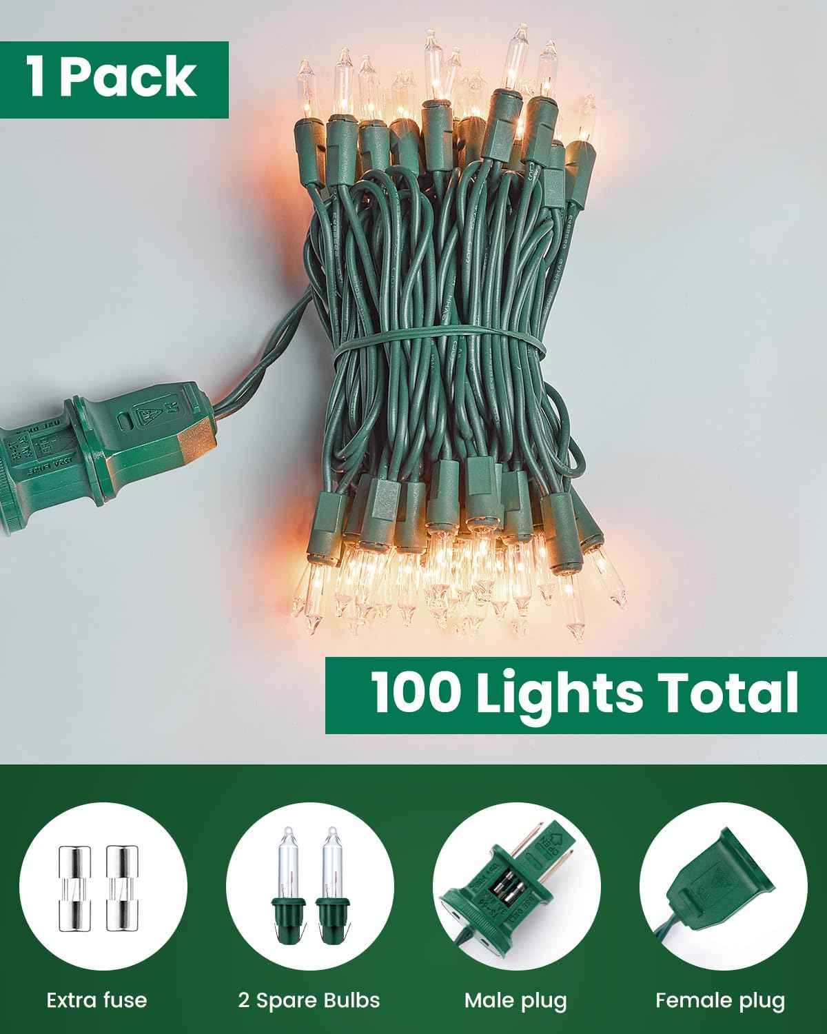 Clear Christmas String Lights, 100 Count Mini Incandescent Bulbs, 25FT Green Wire Indoor Holiday Lights