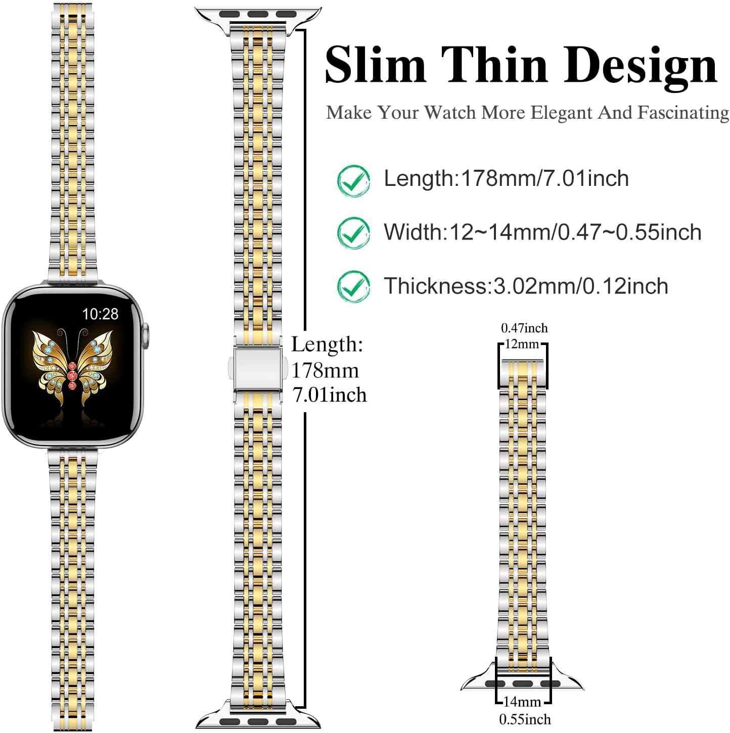 MioHHR Slim Metal Band Compatible with Apple Watch Band 42mm(Series 11 10) 41mm(Series 9 8 7) 40mm(Series 6 5 4 SE3/2/1) 38mm(Series 3 2 1),Stainless Steel iWatch Bands for Women,Silver/Gold
