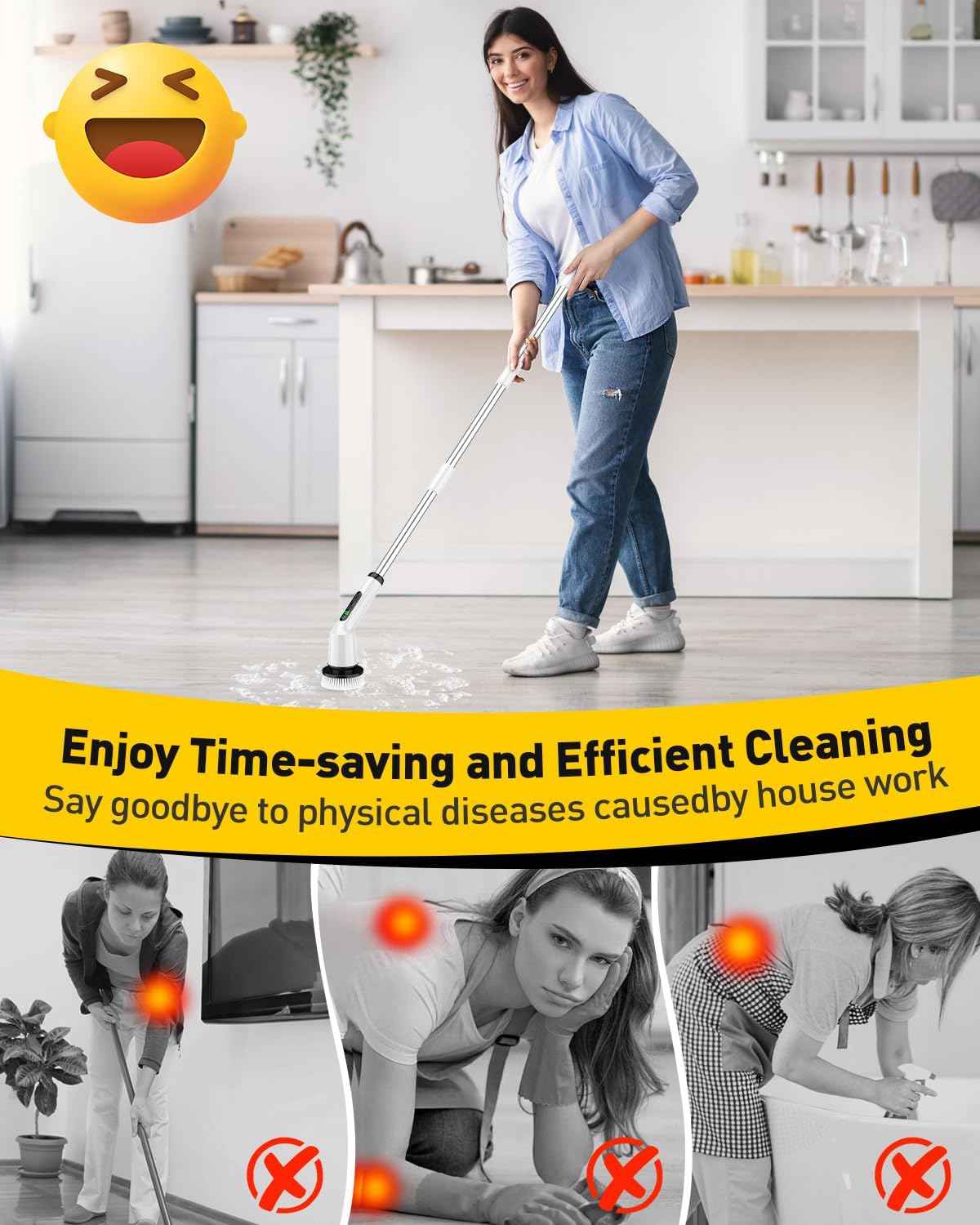 Electric Spin Scrubber for Cleaning Bathroom, Shower Scrubber Cordless Cleaning Brush with IPX7 Waterproof & 2 Speed, 3 Brush Heads, Bathroom Cleaning Supplies for Shower Tub Kitchen Tile Toilet White