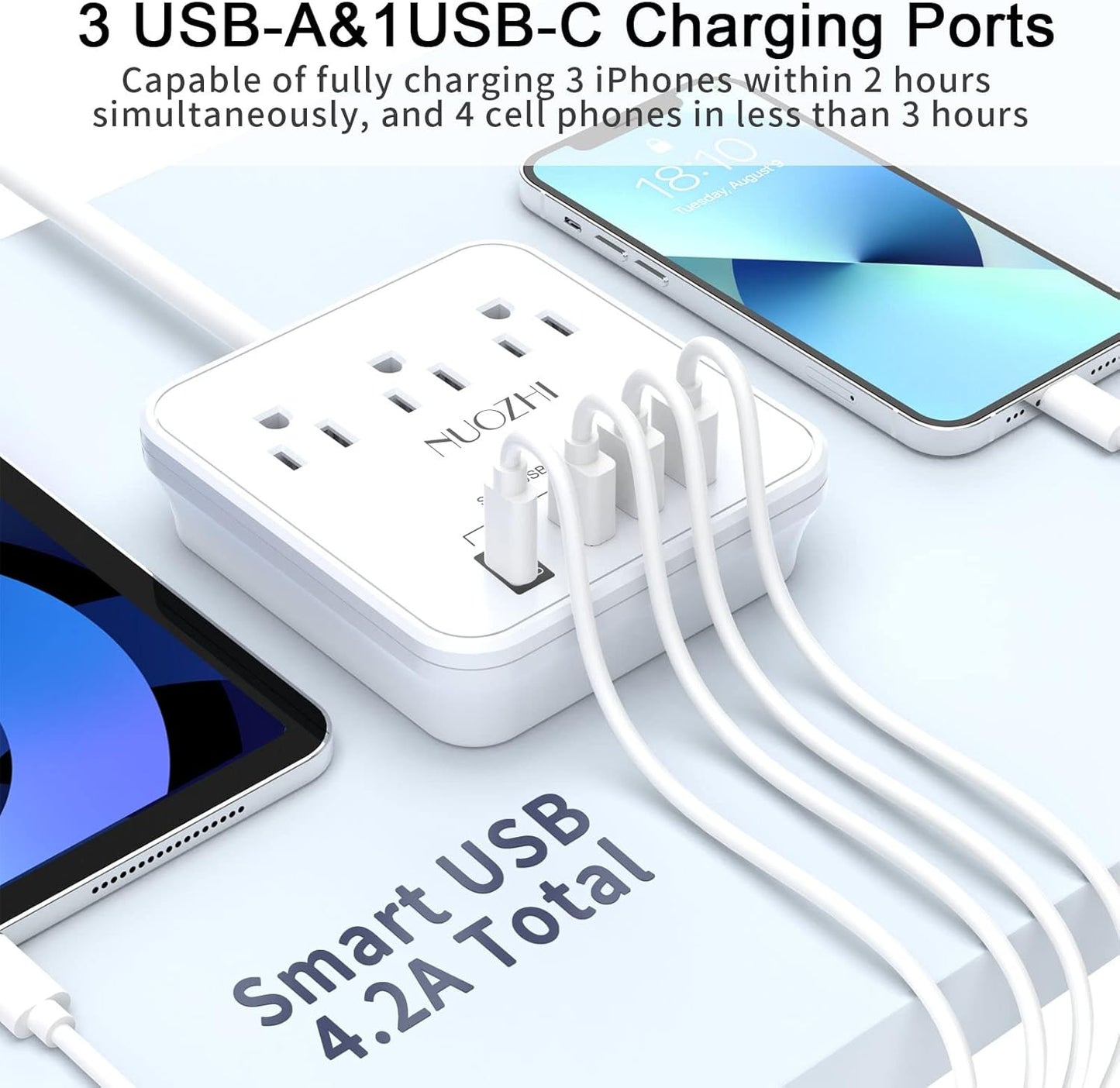 NUOZHI 6Ft Power Strip – Cruise Essentials Non-Surge Protector with 3 Outlets & 4 USB Ports (1 USB-C), ETL Listed Travel Charging Station