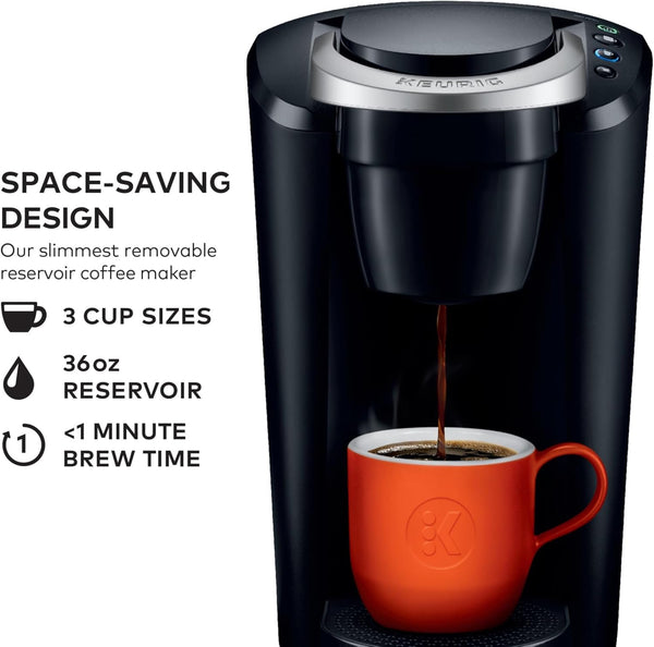 Compact single-serve K-Cup pod coffee maker with 3 brew sizes and smart start feature