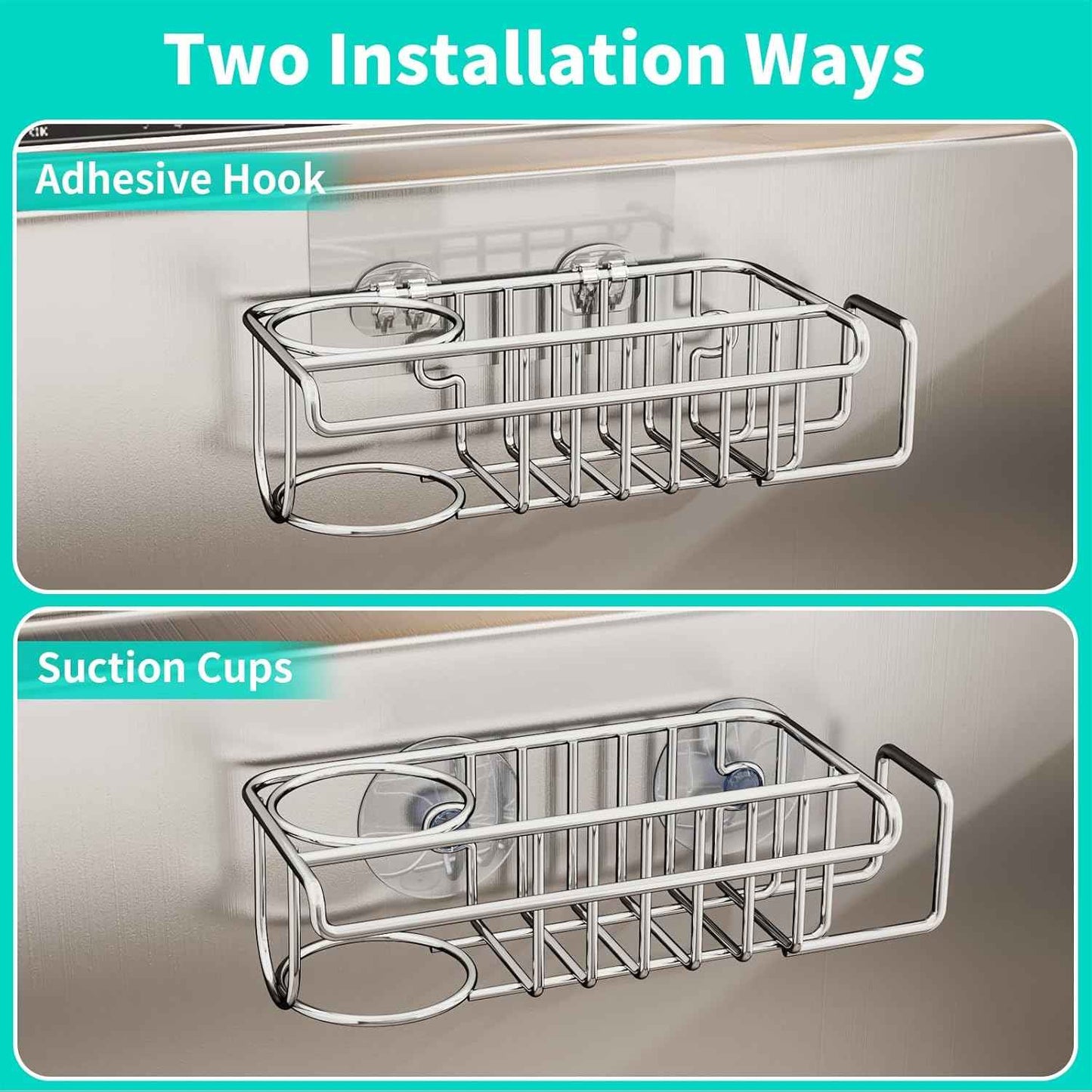 HapiRm 4 in 1 Sink Caddy Sponge Holder, SUS304 Stainless Steel Kitchen Brush Holder + Dish Cloth Hanger + Soap Rack + Sink Stopper Rack + Sponge Caddy for Kitchen - Silver