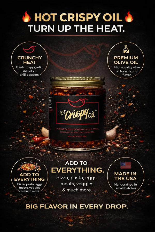 Hot Crispy Oil - Spicy Chili Crisp Blend of Olive Oil, Fresh Crispy Garlic, Shallots & Hot Chili Peppers - 6 fl oz - Mild Heat - Original - Made in USA