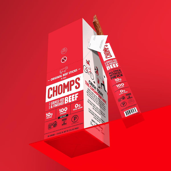 Chomps Grass-Fed Beef Jerky Snack Sticks 10-Pack, 10g Protein, Gluten-Free, Zero Sugar