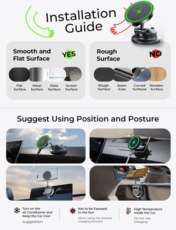 LISEN for 15W Magsafe Car Mount Charger, Magnetic Phone Holders for Your Car, Magnetic Wireless Car Charger, Suction Phone Mount for Car Accessories for iPhone 17 Pro Max 16 15 14 13 12, Gifts for Men