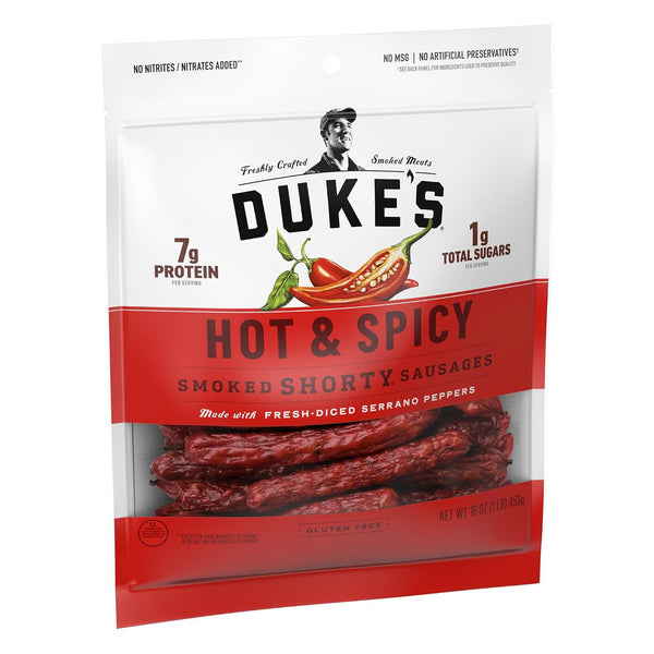 Duke's Pork Hot & Spicy Smoked Shorty Sausages, 16 oz, Gluten-Free Meat Snack