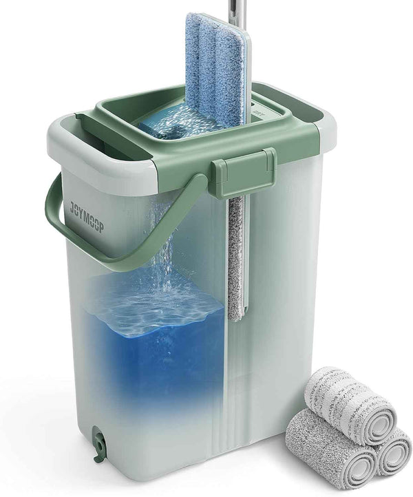 JOYMOOP Mop and Bucket Set with Wringer, Flat Mops for Floor Cleaning, Wall Mop Cleaner with Long Handle, Hardwood Floor Mop with 4 Microfiber Pads