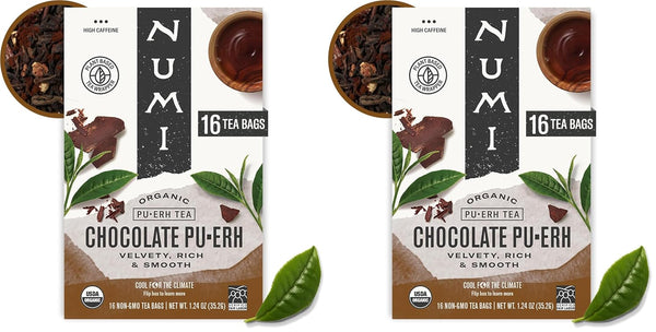 Numi Organic Chocolate Pu-erh Tea, 16 Dark Tea Bags, Aged Yunnan Pu-erh Tea with Cocoa