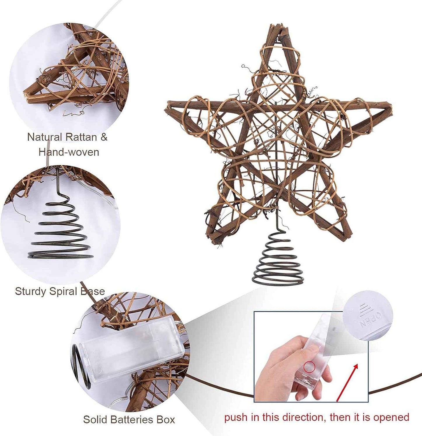 Christmas Tree Topper Farmhouse Christmas Decor Christmas Tree Decorations Rattan Natural Christmas Tree Star with 10 Warm LED Lights for Rustic Christmas Ornaments Holiday Seasonal Decoration 10 Inch