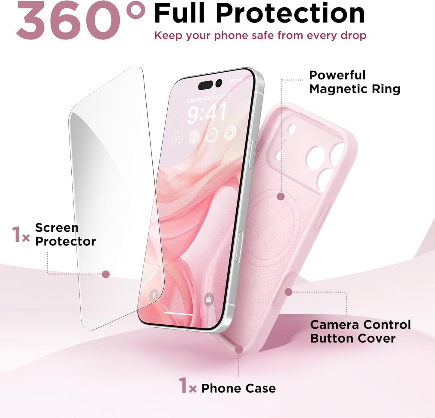 GolbinBox Magnetic for iPhone 17 Pro Max Case, Compatible with MagSafe, [Full Camera Protection] [Screen Protector], Silicone Shockproof Phone Cover with Anti-Scratch Microfiber Lining, Chalk Pink - Rayz Mart