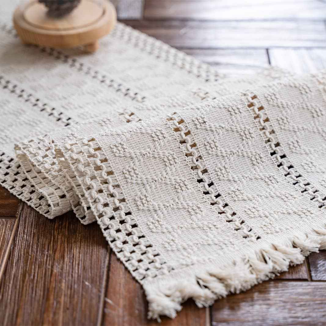 Alynsehom Macrame Table Runner Cream Beige Boho Table Runners with Tassels Hand Woven Cotton Table Runner Rustic Farmhouse Table Runners for Bohemian Kitchen Dining Table(12x71in)