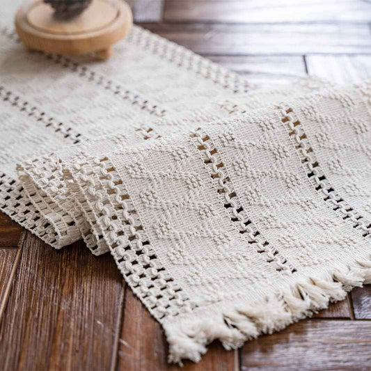 Alynsehom Macrame Table Runner Cream Beige Boho Table Runners with Tassels Hand Woven Cotton Table Runner Rustic Farmhouse Table Runners for Bohemian Kitchen Dining Table(12x71in)