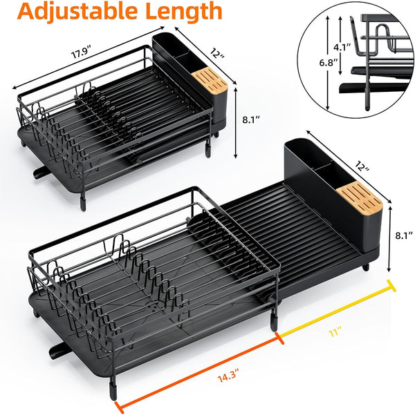 Adjustable dish drying rack for kitchen countertops, multifunctional with utensil and cup holder