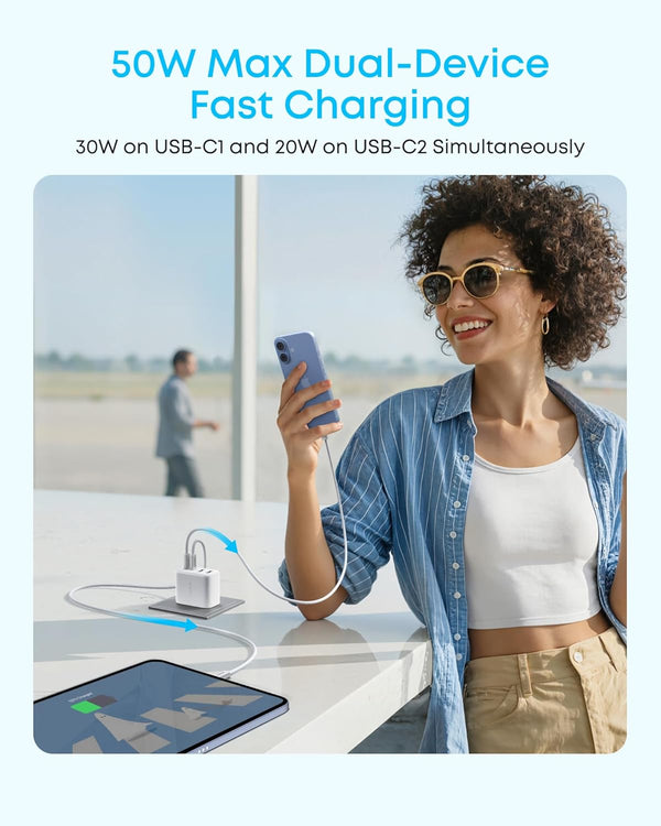 Anker Zolo USB C Charger Block,2-Pack Type C Charger Fast Charging with 50W Max Output,2 USB-C and 2 USB-A,Compact and Stable Design,for iPhone 17/16 Series,MacBook,iPad,Pixel,Galaxy,and More (White)
