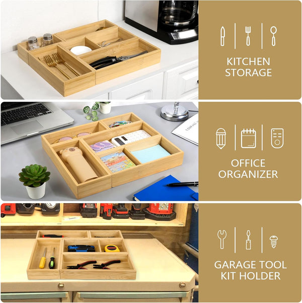 Bamboo Drawer Organizer Set for Bathroom, Kitchen, Office, and Closet