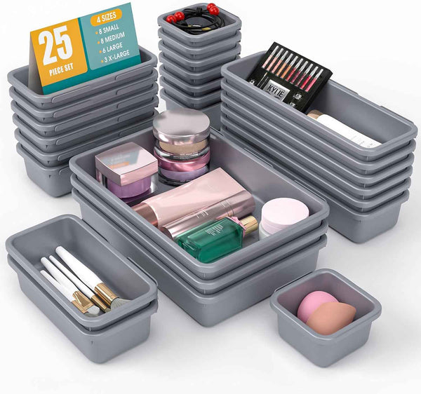 10 PCS Drawer Organizer Set, 4 Size Makeup Drawer Divider Organizer With Non-Slip Pads, Interlocking Plastic Storage Bins for Office,Jewelry Vanity,Gadgets, Bathroom,Kitchen, Black